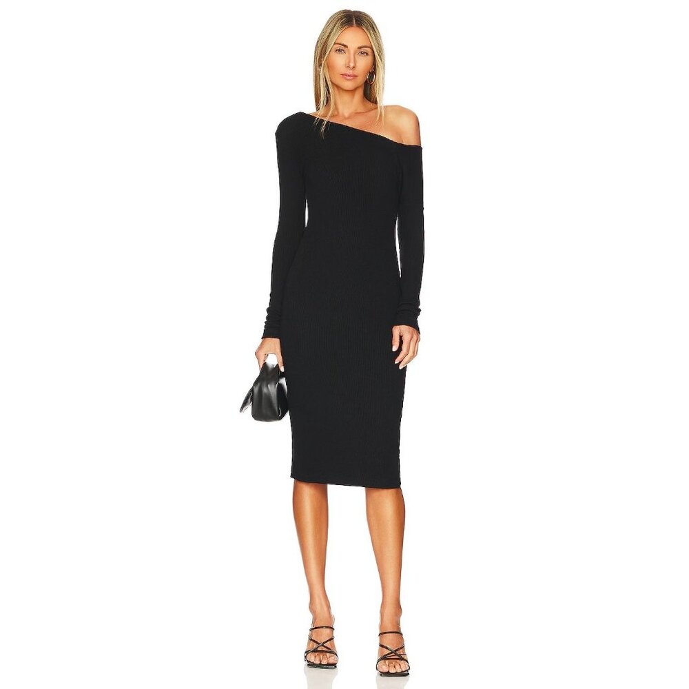 Enza Costa Knit One Shoulder Dress in Black New Womens Midi